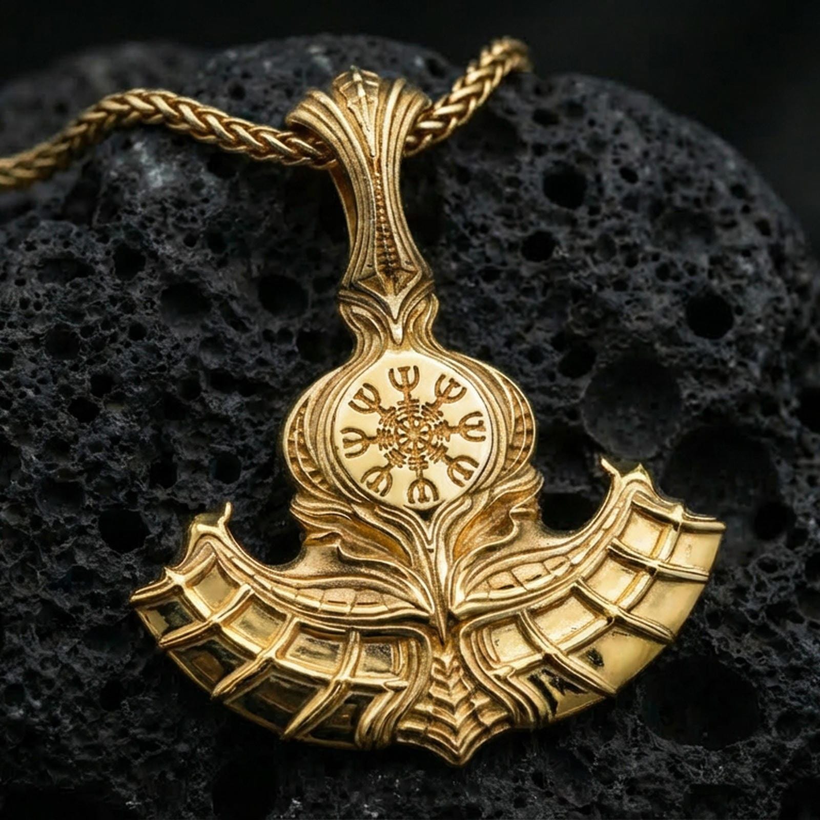 Sterling silver Viking battle axe pendant with a gold plated finish, ornate double-bladed axe design with Vegvisir compass symbol centerpiece, close-up on volcanic rock