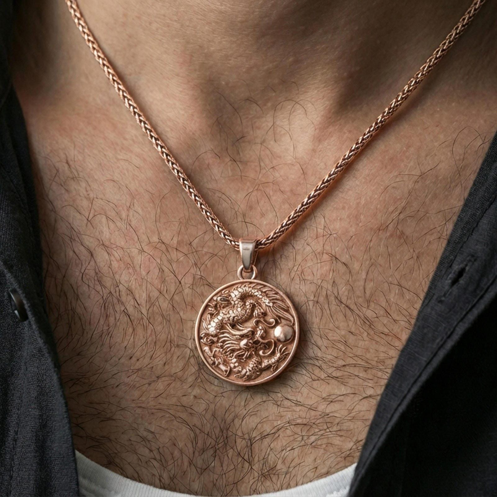 Sterling silver dragon medallion pendant necklace on the neck, macro lifestyle shot showcasing the rose gold plated finish and ornate dragon design