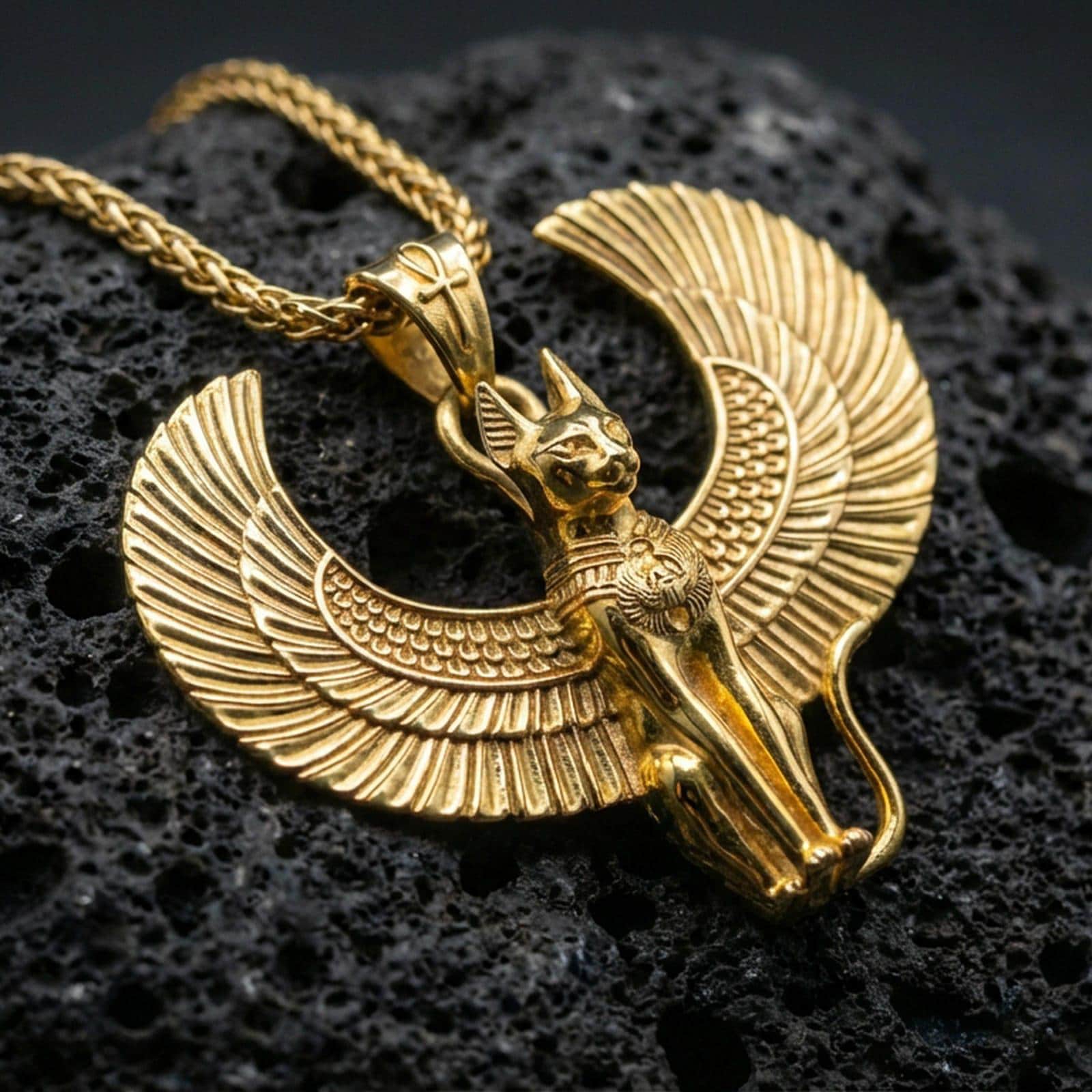 Sterling silver winged Egyptian cat pendant with a gold plated finish, Bastet-inspired design with wide feather wings, close-up on volcanic rock