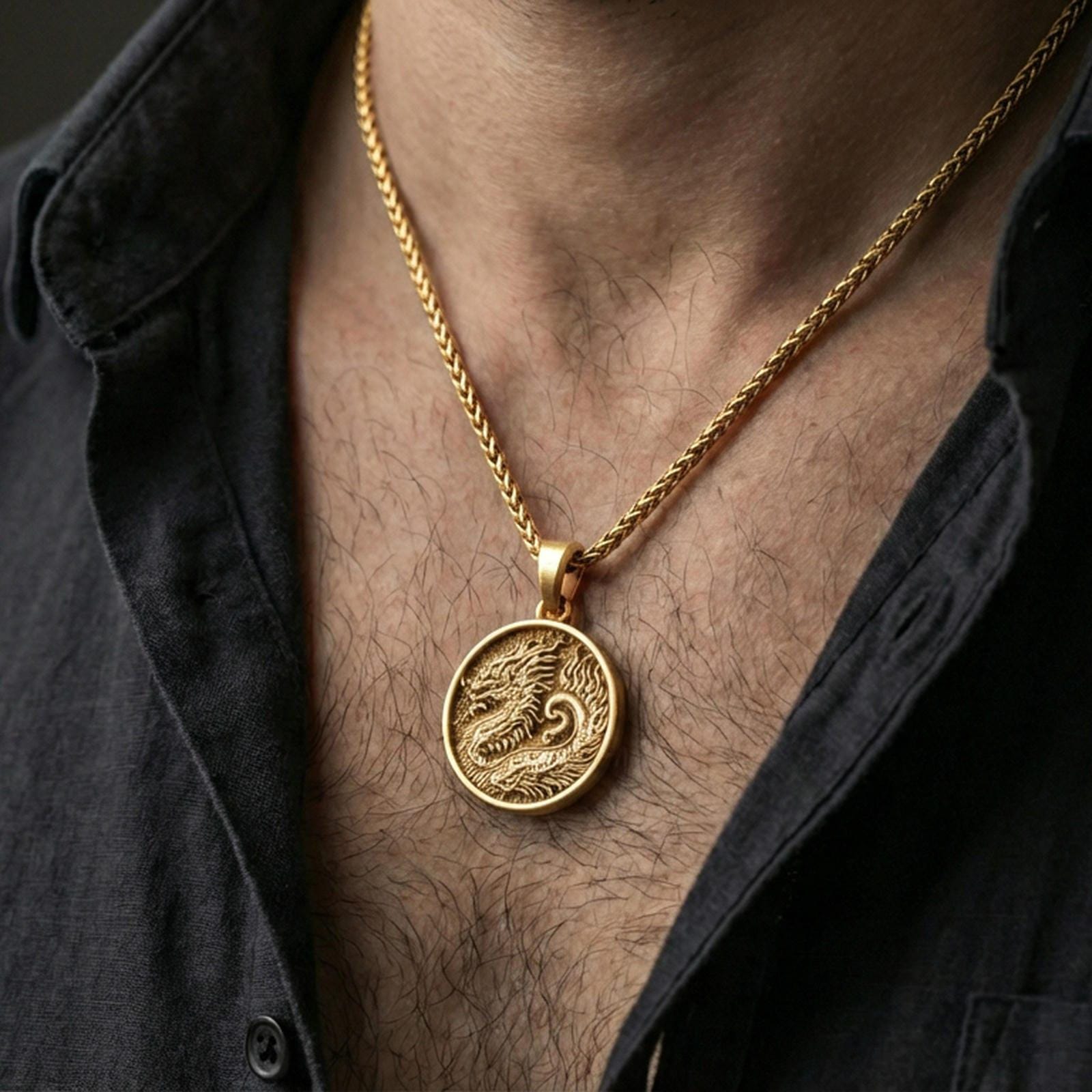 Gold plated round dragon coin pendant necklace worn on the neck, lifestyle photo featuring a warm tone finish and strong statement presence.