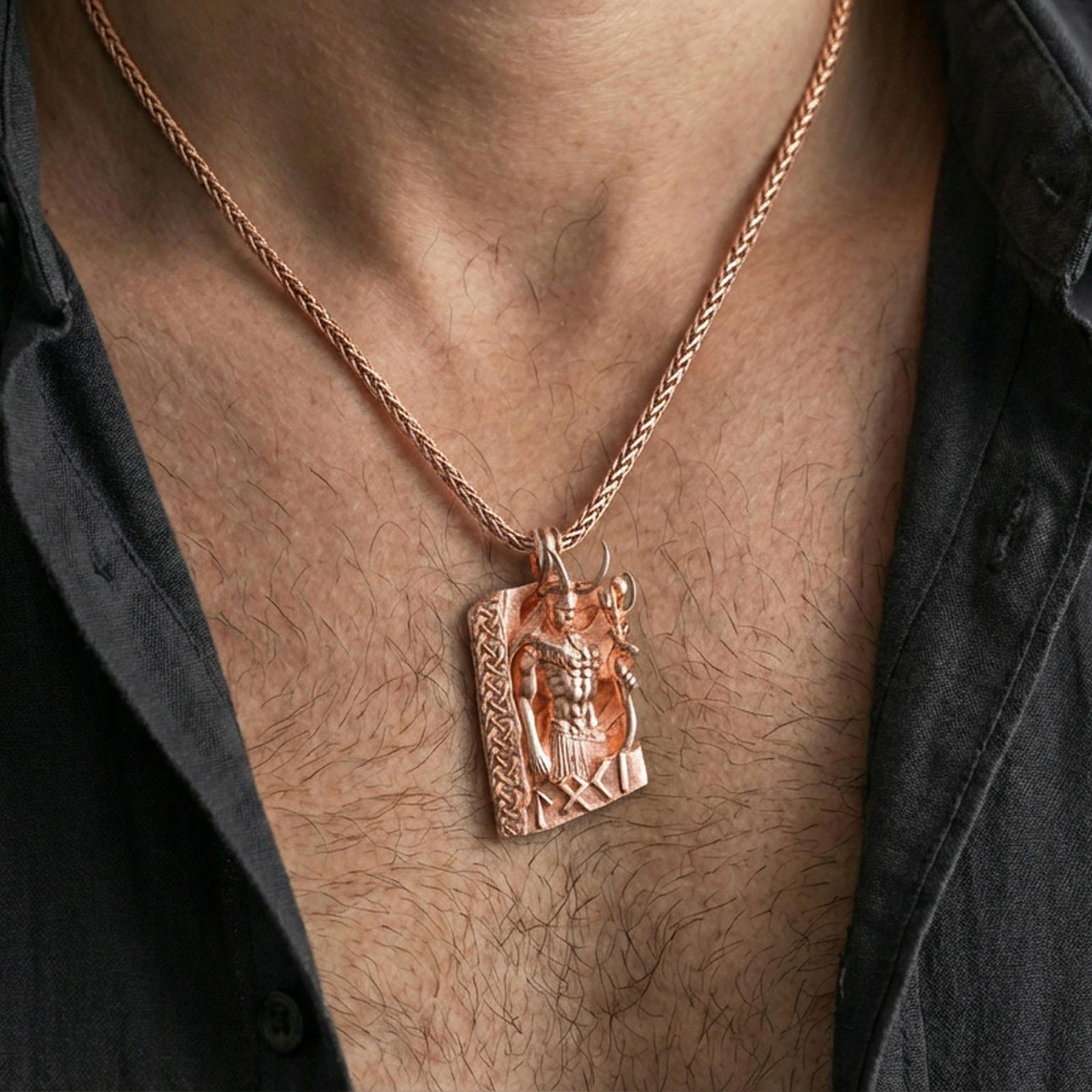 Rose gold plated Loki pendant necklace worn on the neck, lifestyle wear shot featuring elegant rosy shine and clear rune-and-knotwork detail.