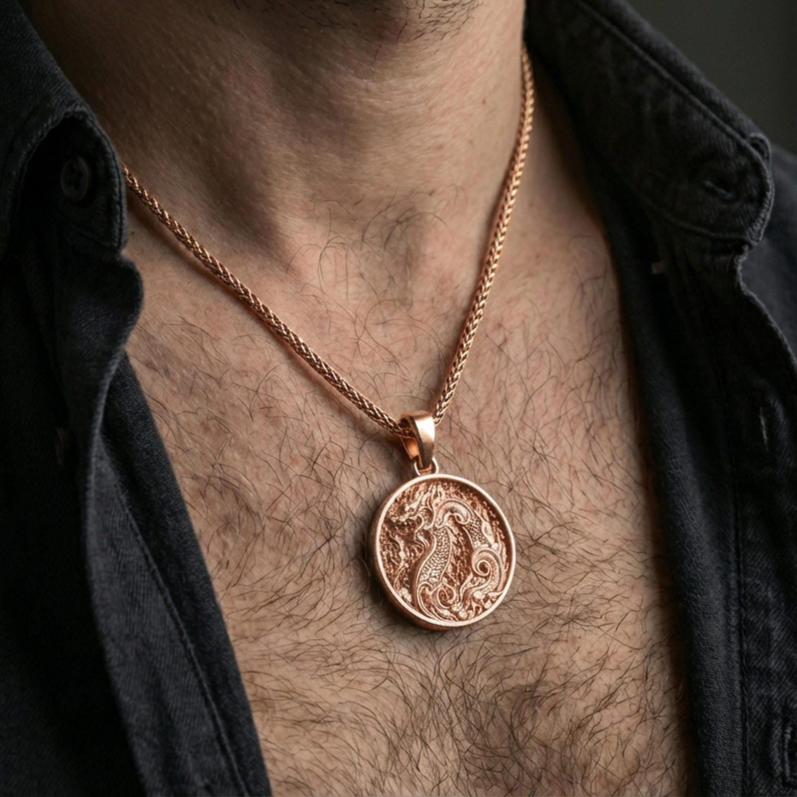 Rose gold plated dragon medallion pendant necklace worn on the neck, lifestyle wear shot with elegant rosy shine and crisp dragon motif texture visible.