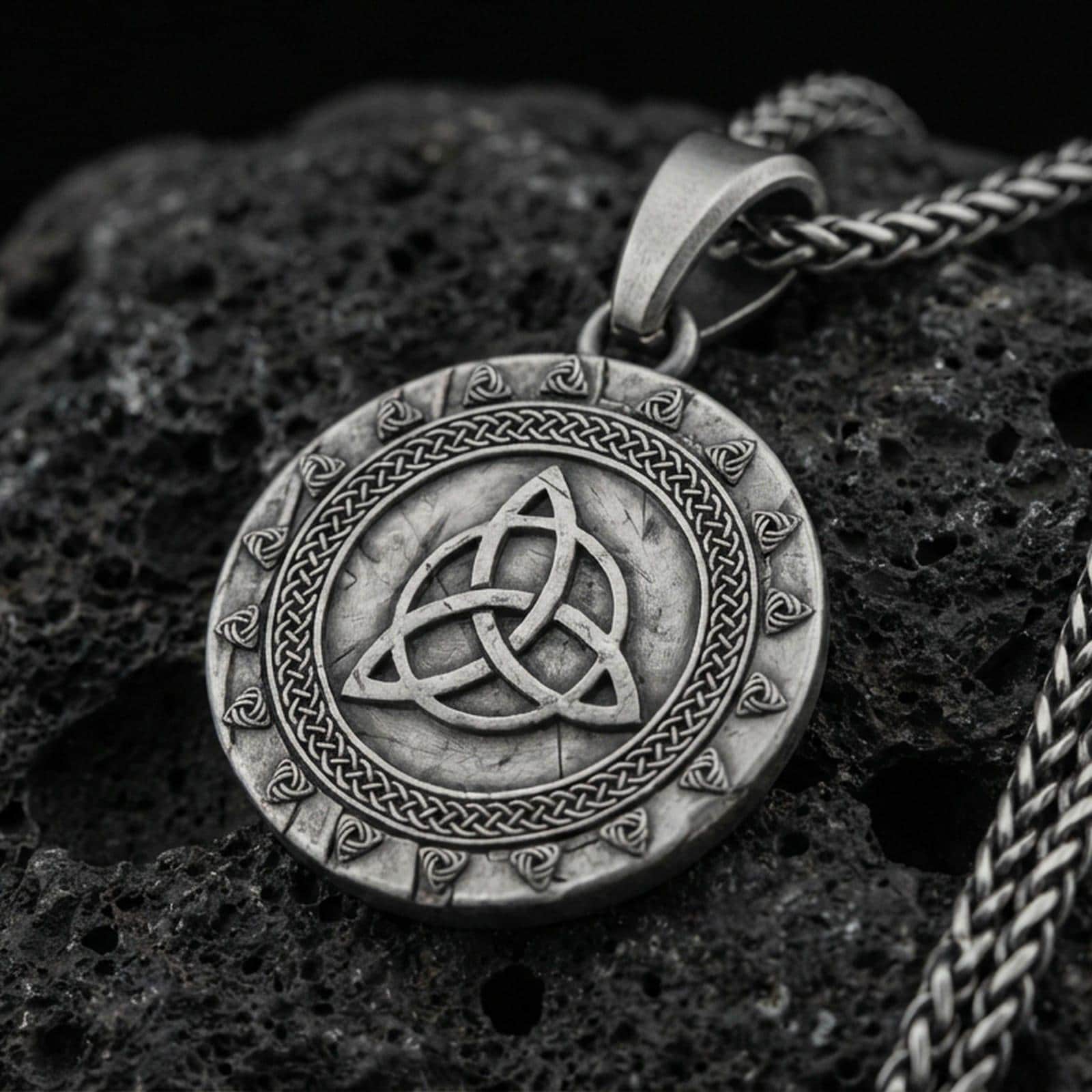 Oxidized celtic triquetra medallion pendant necklace on textured volcanic rock, centered close-up highlighting the Viking warrior relief detail, and deep antique shadowed contrast.