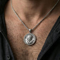 Load image into Gallery viewer, Polished silver imperial guardian lion pendant necklace worn on the neck, clean lifestyle wear shot capturing bright shine and the detailed lion relief in natural light.
