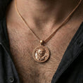 Load image into Gallery viewer, Rose gold plated imperial guardian lion pendant necklace worn on the neck, lifestyle wear shot with elegant rosy shine and crisp guardian lion detailing visible.
