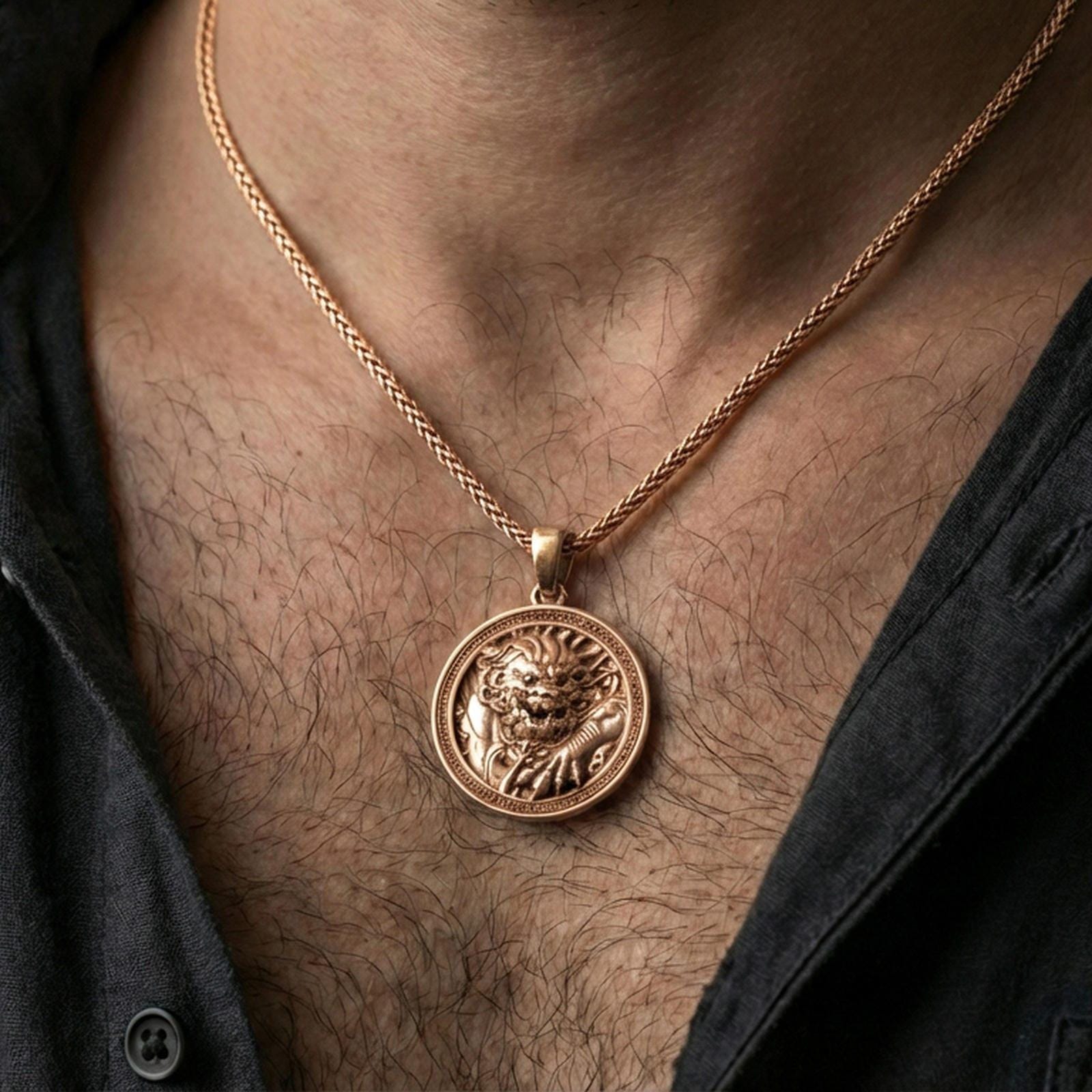 Rose gold plated imperial guardian lion pendant necklace worn on the neck, lifestyle wear shot with elegant rosy shine and crisp guardian lion detailing visible.