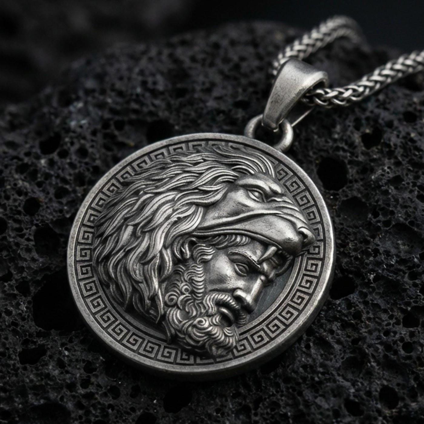 Oxidized Heracles lion helmet coin pendant necklace on textured volcanic rock, centered close-up highlighting the Greek key border, lion head hood, and deep antique shadowed contrast.