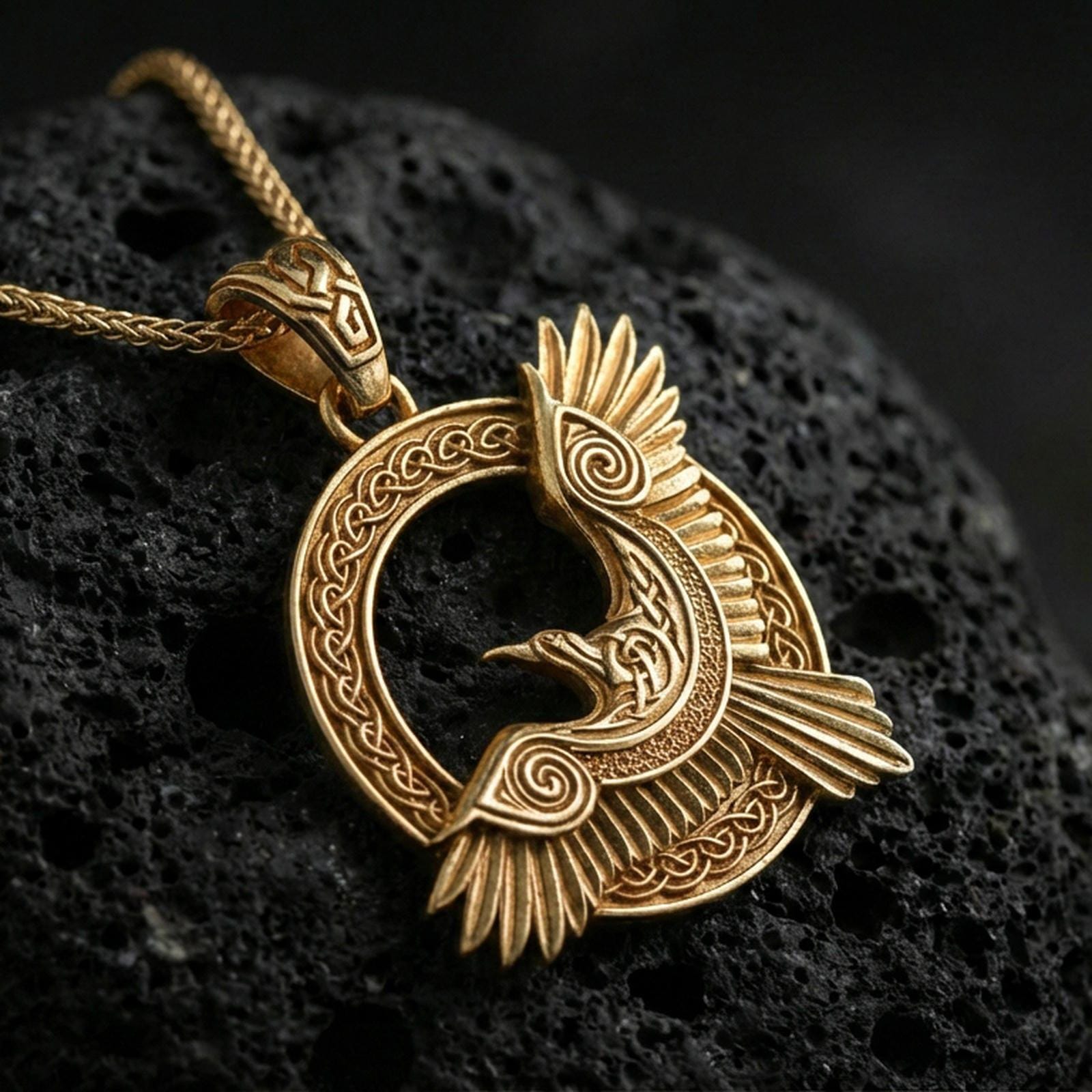 Gold plated Celtic raven knotwork pendant necklace on textured volcanic rock, premium close-up with warm reflective shine across the wings, spiral motifs, and raised knotwork border.