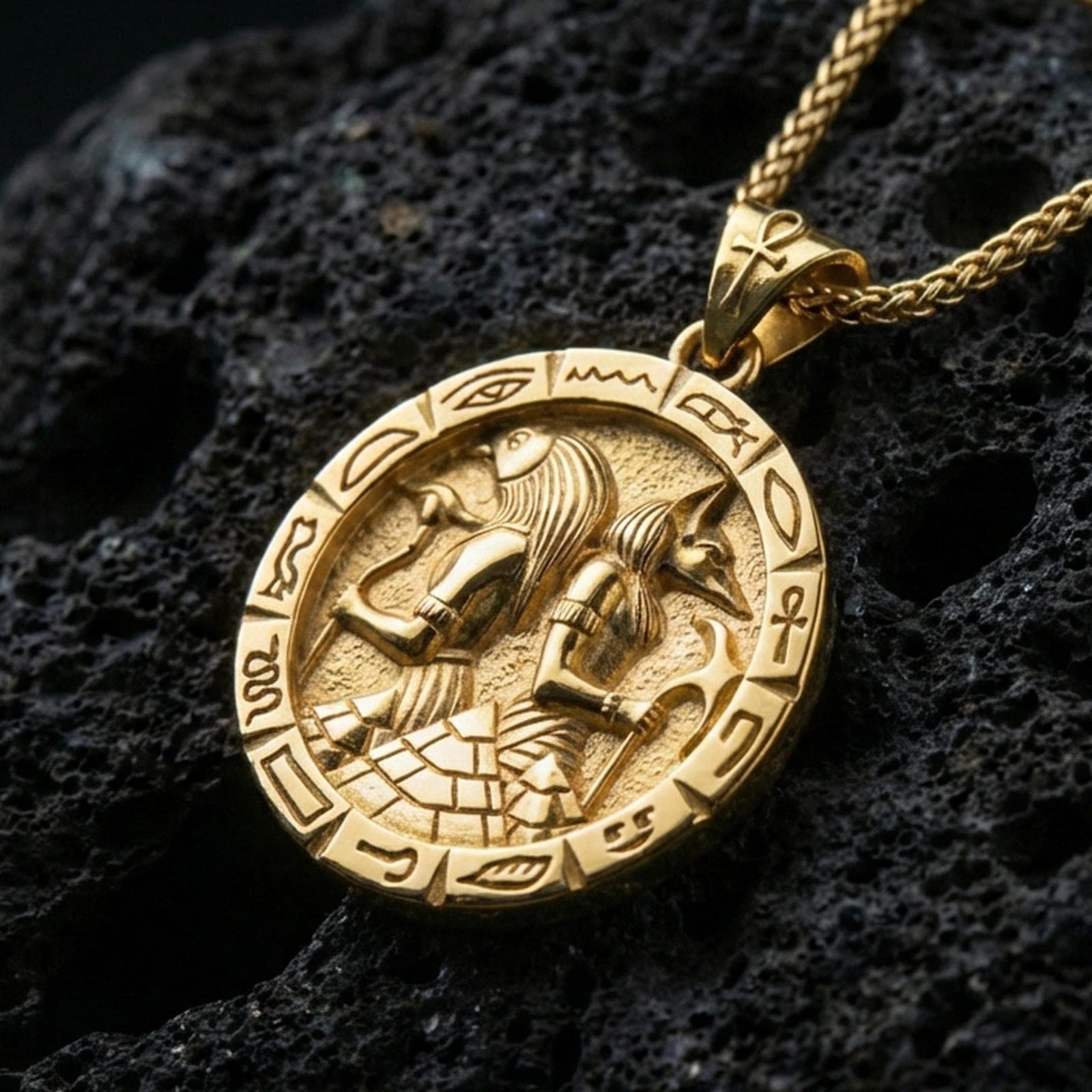 Gold plated Horus and Anubis pendant necklace on textured volcanic rock, premium close-up with warm reflective shine across the twin deity figures, staff-and-axe details, and raised symbol frame.