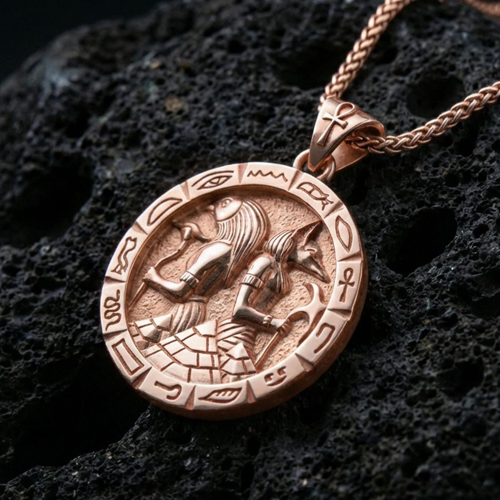 Rose gold plated Horus and Anubis pendant necklace on textured volcanic rock, centered studio-style close-up showcasing soft rosy glow and intricate Egyptian mythology engraving with clear hieroglyphic accents.