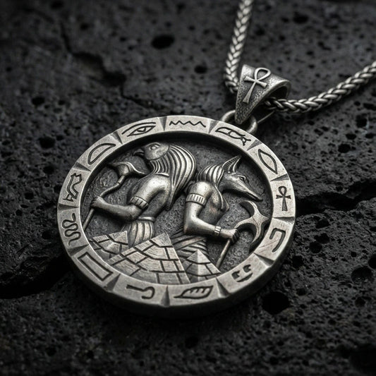 Oxidized Horus and Anubis pendant necklace on textured volcanic rock, centered close-up highlighting the two Egyptian gods in profile, carved hieroglyph border, and deep antique shadowed contrast.