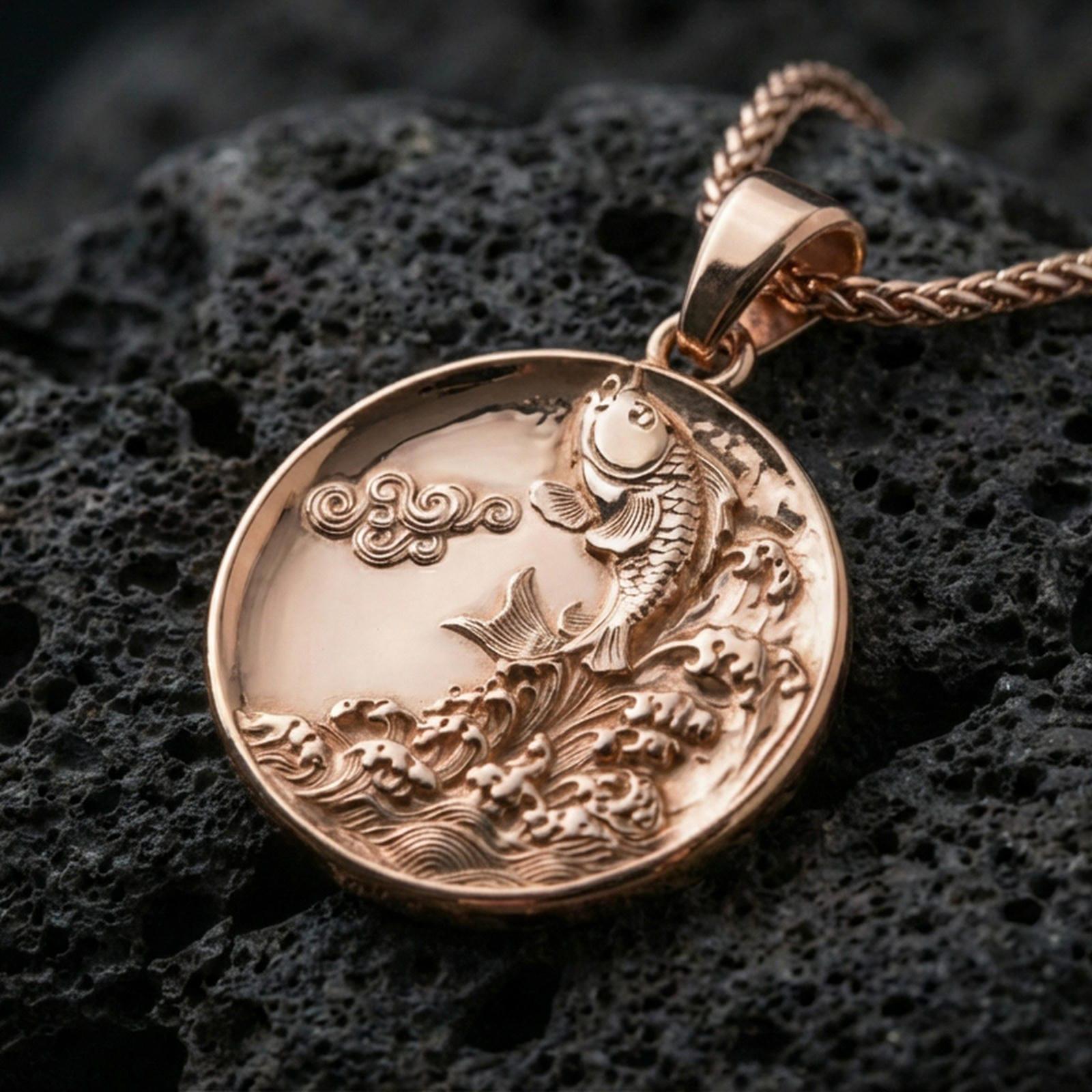 Rose gold plated koi fish medallion pendant necklace on textured volcanic rock, centered studio-style close-up showcasing soft rosy glow and intricate koi-and-wave detailing with a refined finish.