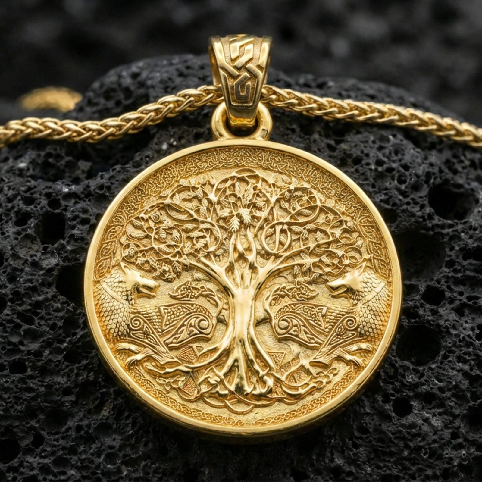 Gold plated Yggdrasil tree of life pendant necklace on textured volcanic rock, premium close-up with warm reflective shine across the tree roots, wolves, and intricate Nordic patterning.