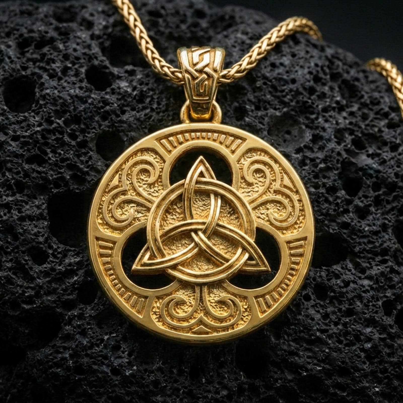 Gold plated Celtic triquetra pendant necklace on textured volcanic rock, premium close-up with warm reflective shine across the Trinity knot, decorative flourishes, and raised border detailing.