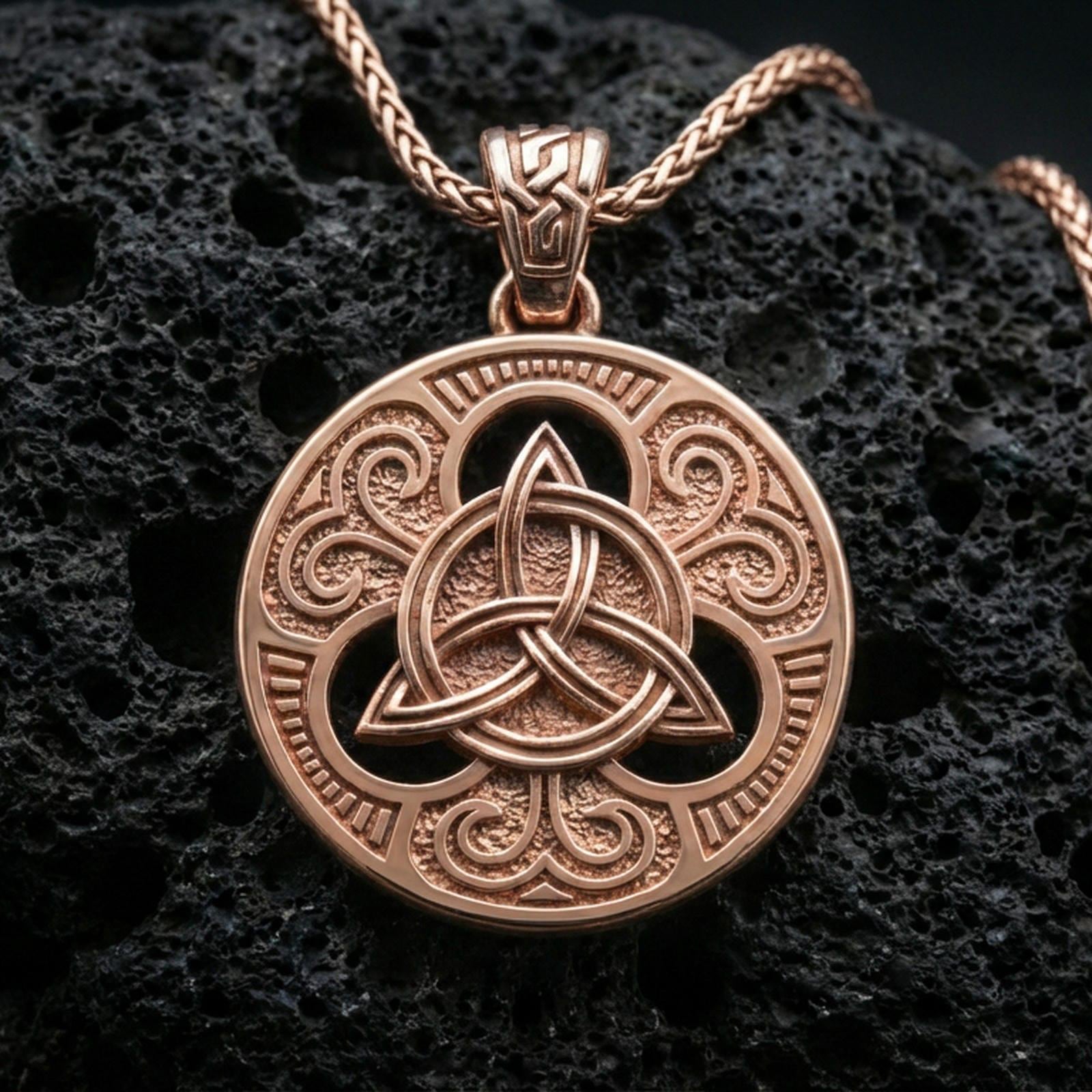 Rose gold plated Celtic triquetra pendant necklace on textured volcanic rock, centered studio-style close-up showcasing soft rosy glow and intricate Celtic scroll-and-knot detailing.