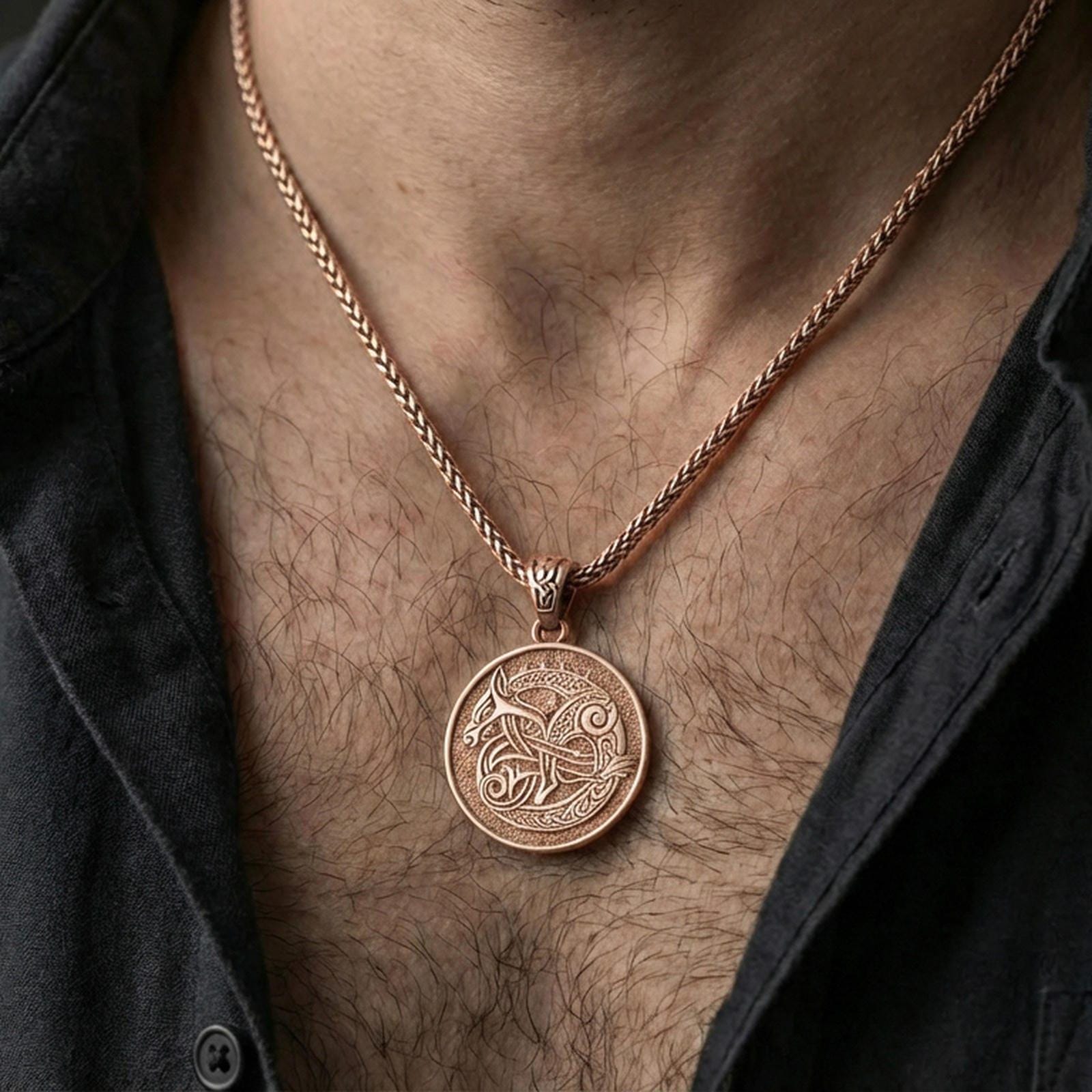 Rose gold plated Urnes style Viking beast pendant necklace worn on the neck, lifestyle wear shot with elegant rosy shine and crisp Viking knotwork detailing visible.