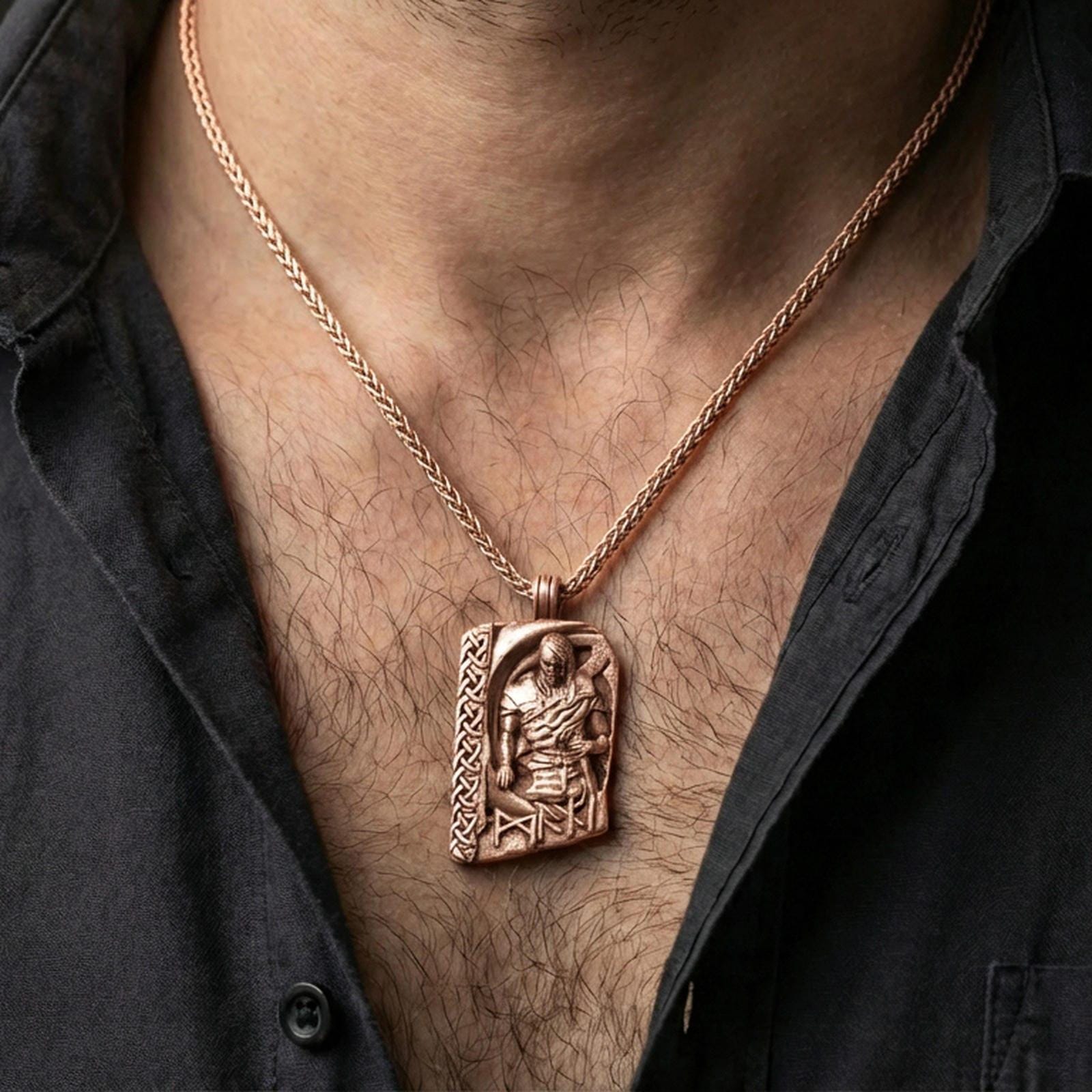 Rose gold plated Norse moon god pendant necklace worn on the neck, lifestyle wear shot with elegant rosy shine and crisp knotwork-and-rune detailing visible.
