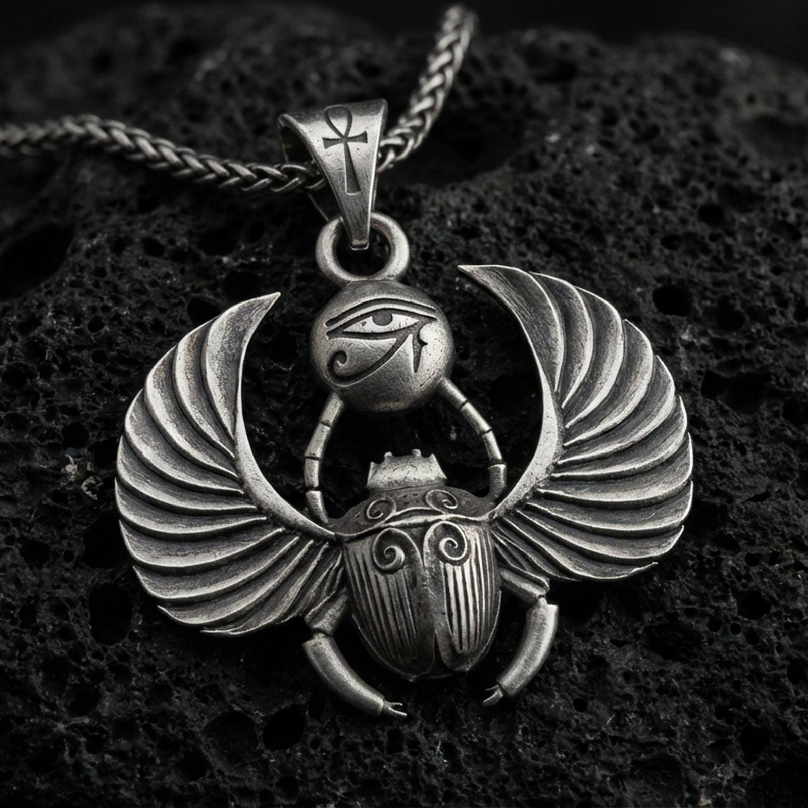 Oxidized winged scarab beetle pendant necklace on textured volcanic rock, centered close-up highlighting the spread wings, scarab body relief, Eye of Ra detail, and deep antique shadowed contrast.