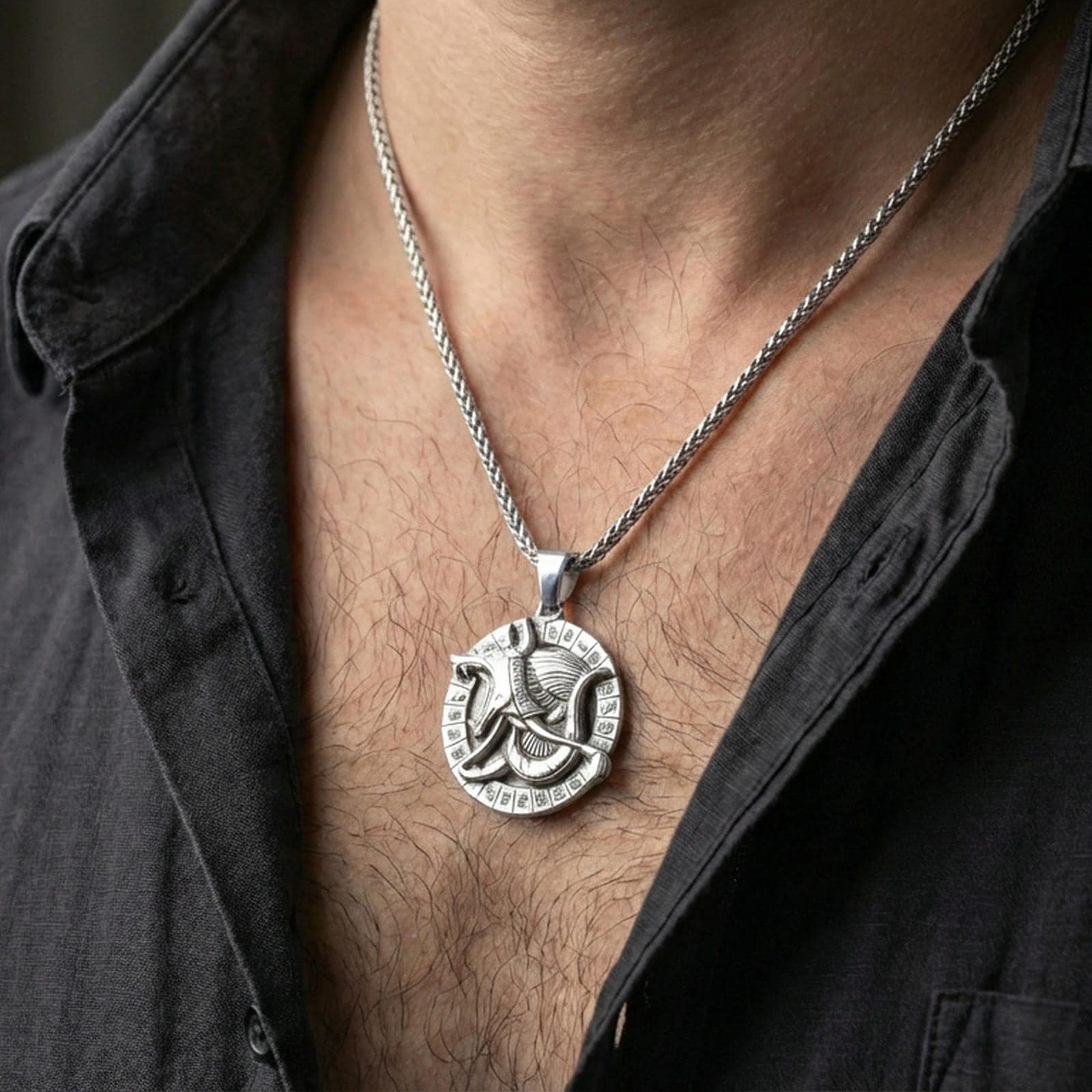 Polished silver Anubis medallion pendant necklace worn on the neck, clean lifestyle wear shot capturing bright shine and the detailed hieroglyph border in natural light.