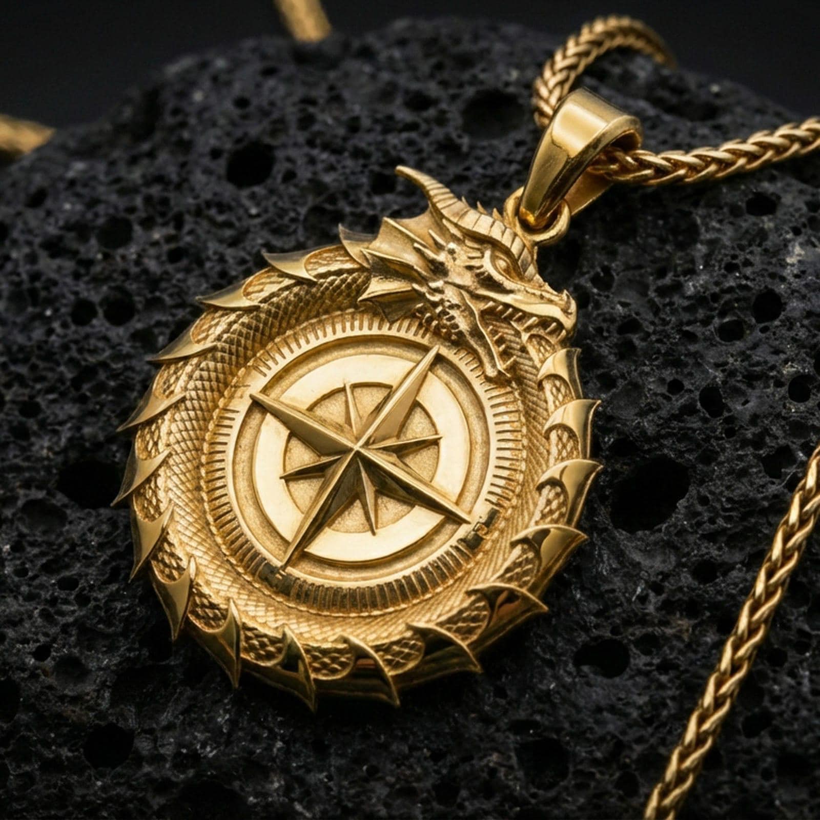 Gold plated dragon compass medallion pendant on black volcanic rock, sharp focus on the compass rose and rim texture