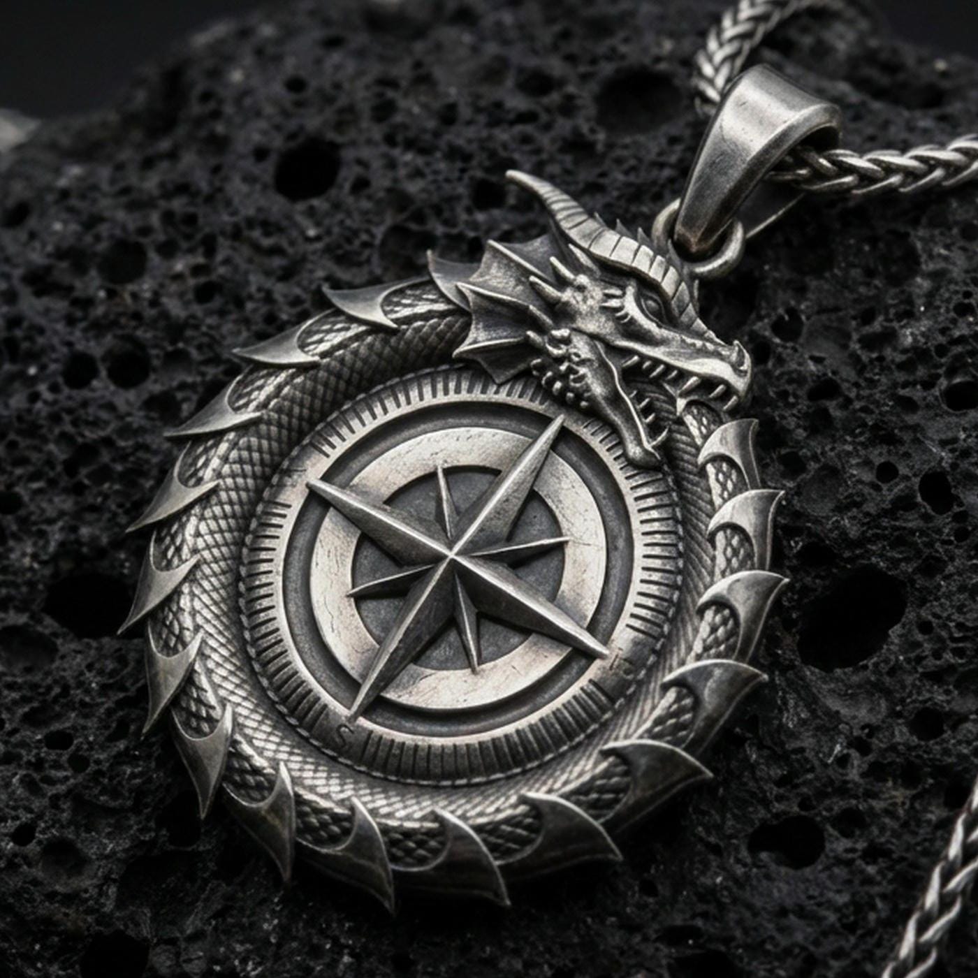 Oxidized sterling silver dragon compass pendant on porous volcanic rock, close-up showing the compass rose centerpiece