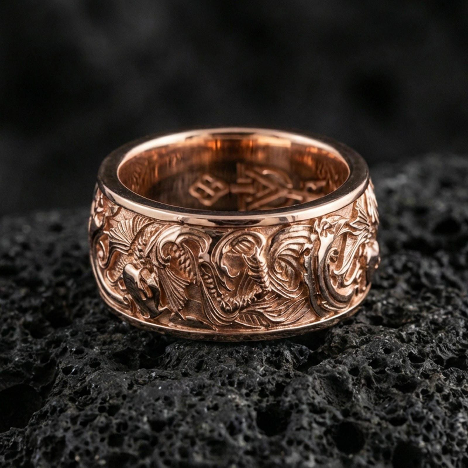 Rose gold plated koi fish band ring on textured volcanic rock, centered studio-style close-up showcasing soft rosy glow and intricate koi-and-wave engraving with a refined finish.