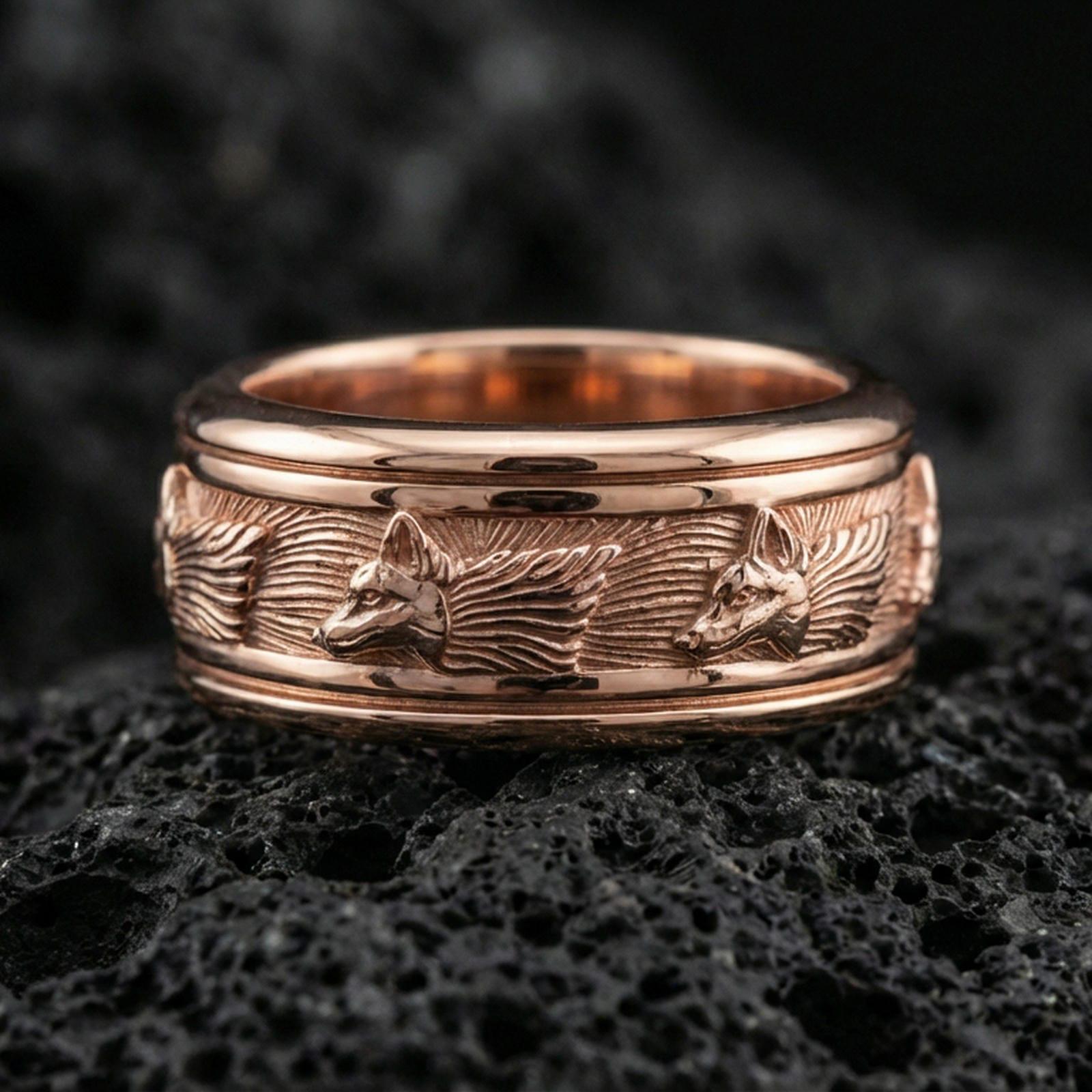 Rose gold plated wolf head band ring on textured volcanic rock, centered studio-style close-up showcasing soft rosy glow and intricate wolf-and-texture detailing with a refined finish.