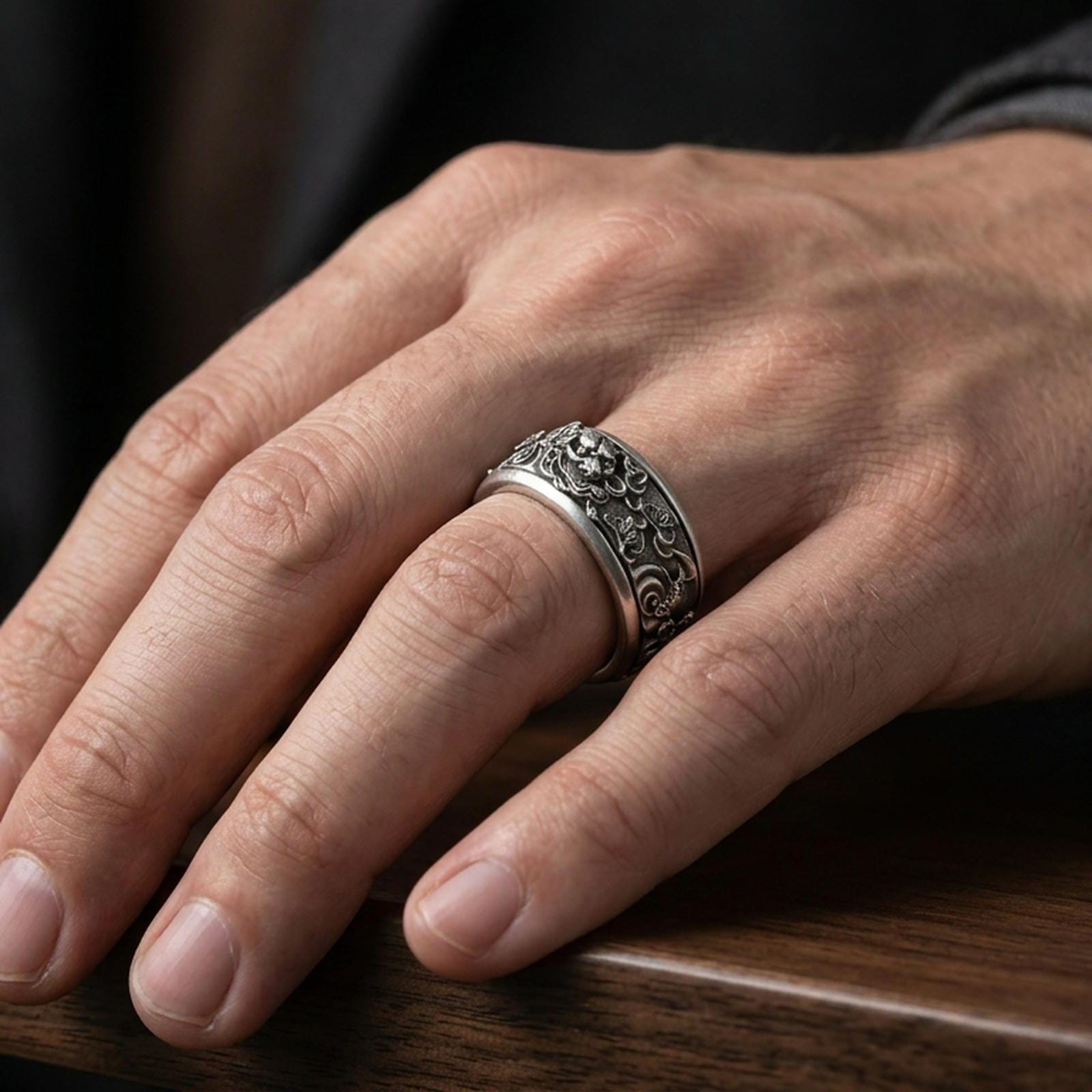 Oxidized oriental dragon band ring worn on a finger, lifestyle framing showing realistic scale and bold vintage contrast in a natural hand pose.
