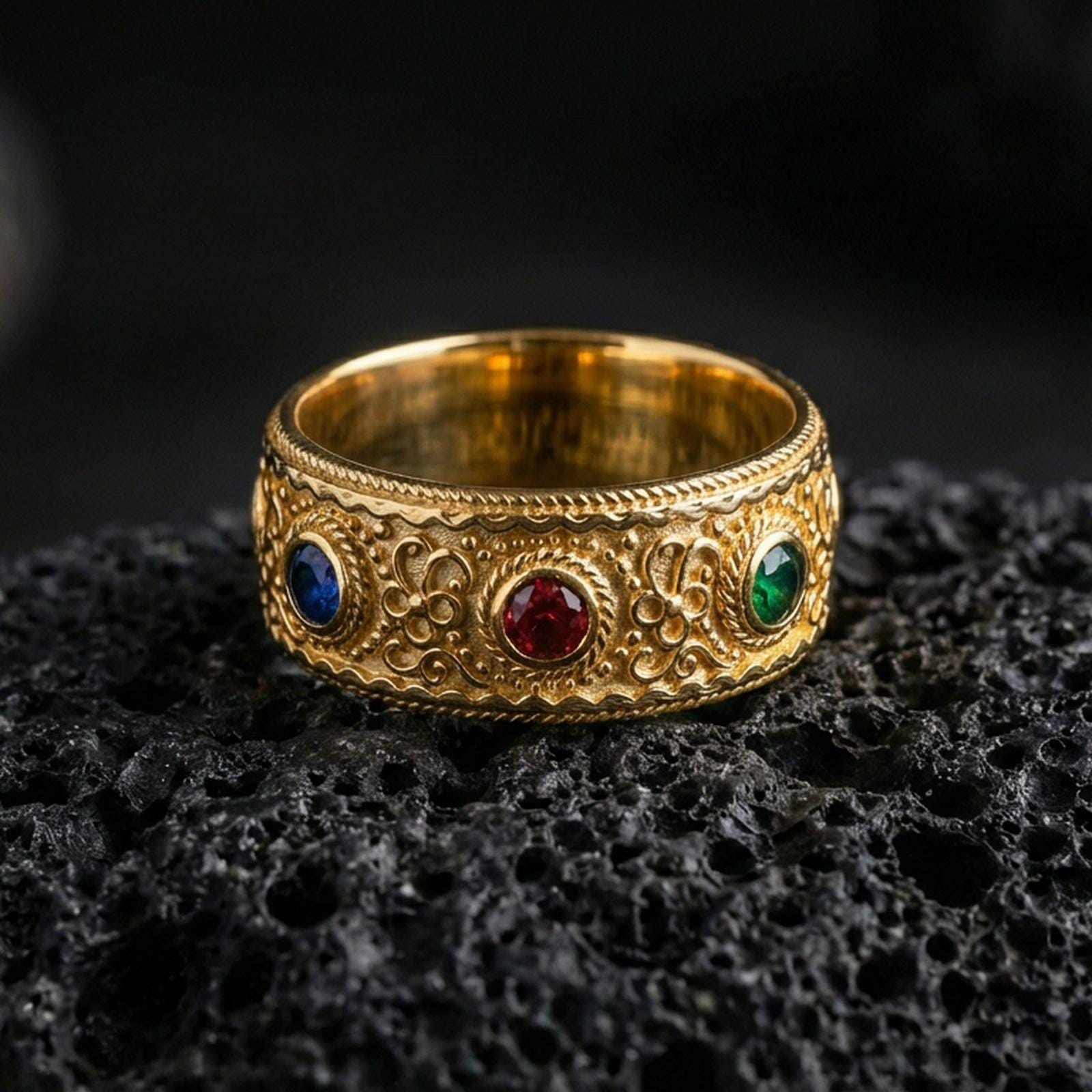 Gold plated ornate gemstone band ring on textured volcanic rock, premium close-up showcasing warm gold tone over the floral scroll pattern and the three colorful stones in sharp focus.