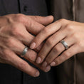 Load image into Gallery viewer, Oxidized woven texture band ring worn on a finger, lifestyle wear photo showing antique contrast and true-to-size basketweave pattern.
