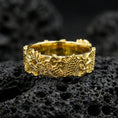 Load image into Gallery viewer, Gold plated Japanese dragon band ring on volcanic stone, premium macro close-up showcasing warm gold tone across the dragon motif and sculpted texture.
