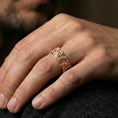 Load image into Gallery viewer, Rose gold plated Japanese dragon band ring worn on the finger, lifestyle image showcasing warm rose tone, intricate carving, and gift-ready aesthetic.
