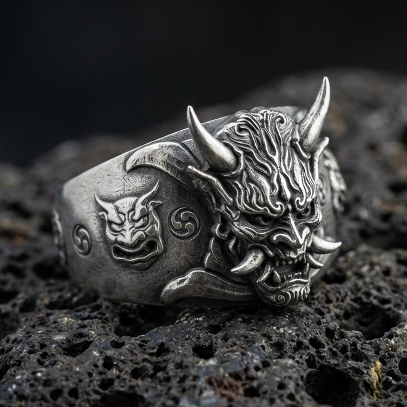 Oxidized sterling silver Oni mask ring with fierce horned demon face and engraved side motifs, macro photo on black volcanic rock