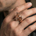 Load image into Gallery viewer, Rose gold plated skull biker ring worn on a finger, lifestyle shot focusing on the aviator goggles and bold skull profile
