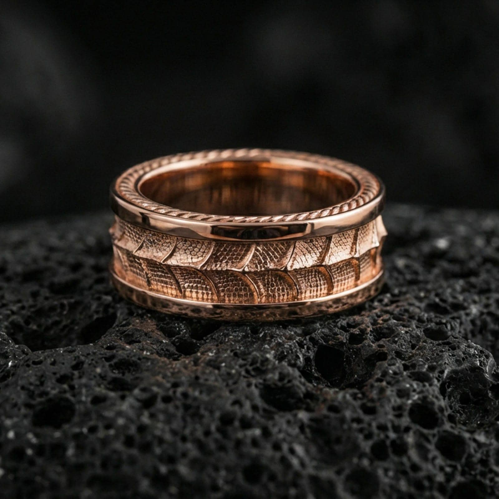Rose gold plated sterling silver snake scale band on volcanic stone, intricate reptile texture with strong contrast, minimal high-end close-up.
