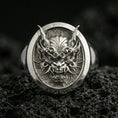 Load image into Gallery viewer, Polished silver Japanese demon ring on volcanic stone, close-up highlighting engraved textures and bold signet face

