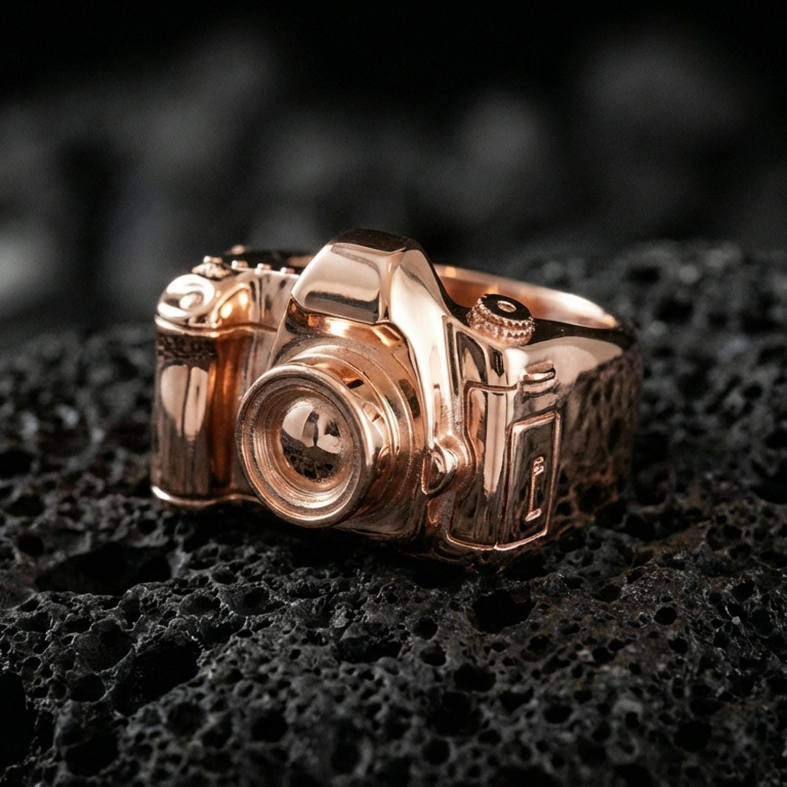 Sterling silver camera signet ring with a rose gold plated finish, vintage camera ring with dimensional lens and button details, close-up on volcanic rock