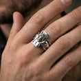 Load image into Gallery viewer, Polished silver Jesus crucifix ring on finger, crisp Christ figure sculpture and cross outline detail, refined everyday wear close-up.
