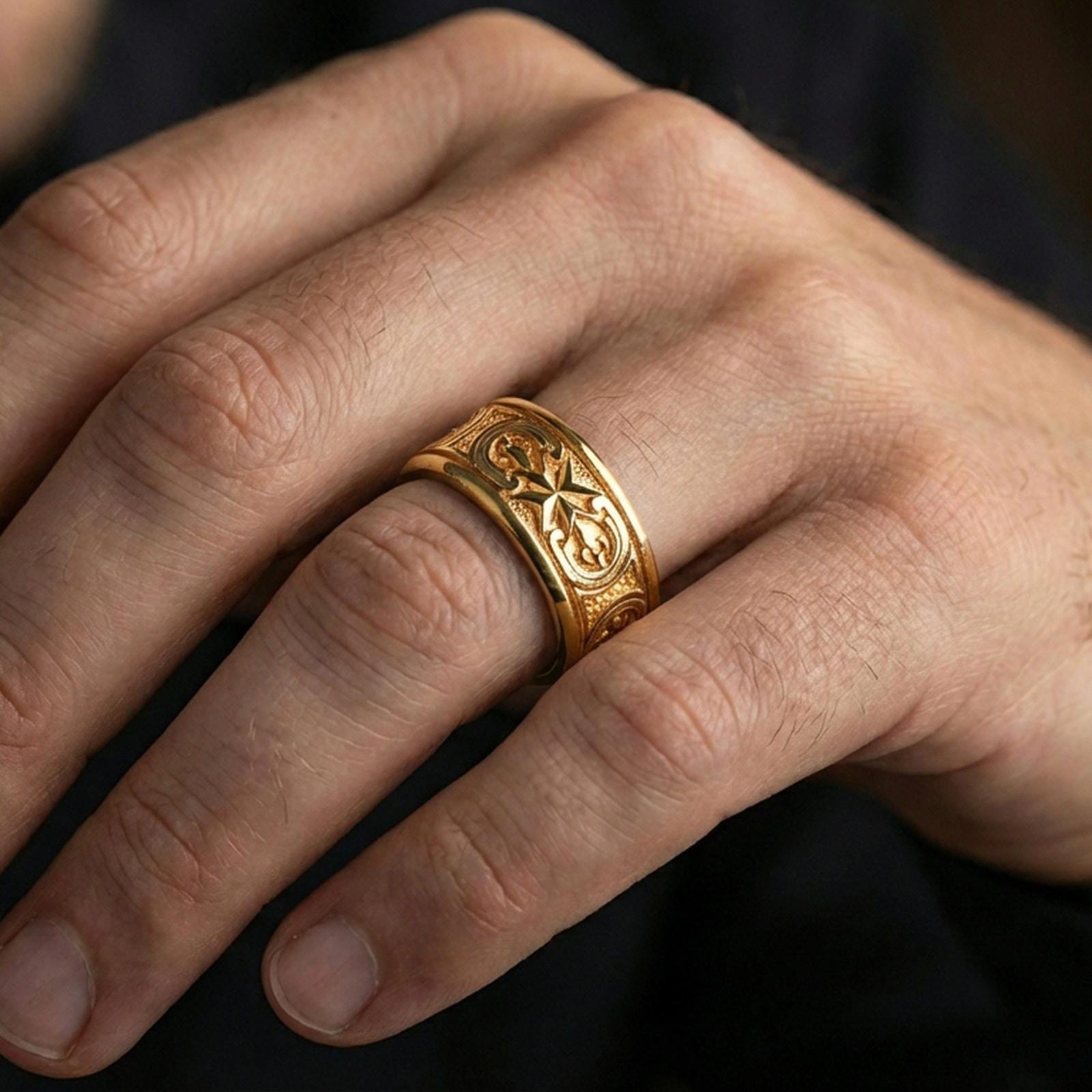Gold plated Maltese cross spinner band worn on finger, bold cross motif on rotating band, premium lifestyle jewelry photo.