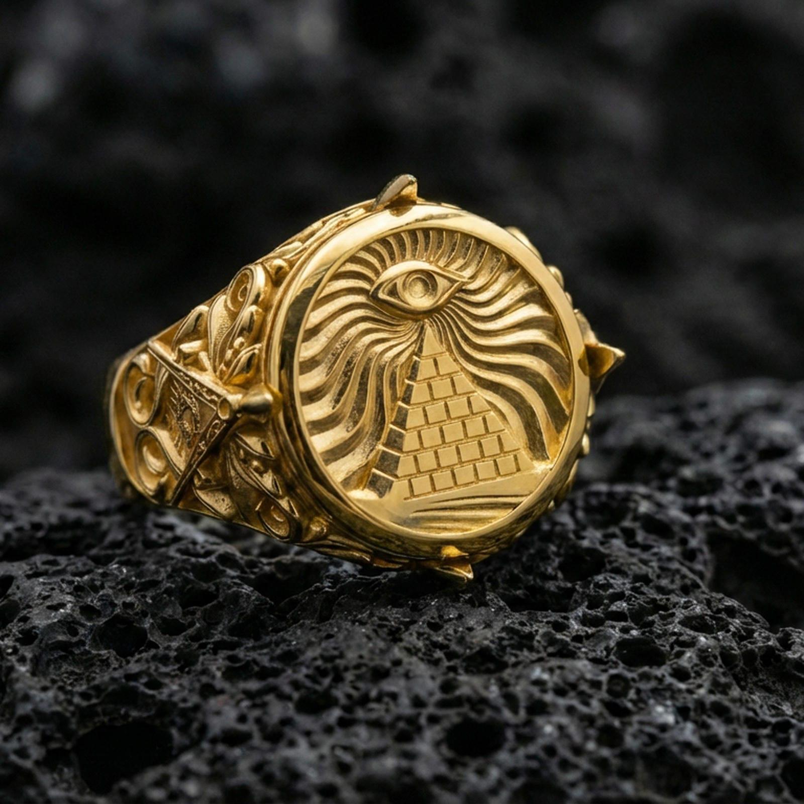 Sterling silver eye and pyramid ring with a gold plated finish, symbolic occult-style signet design with detailed side engravings, macro on volcanic rock
