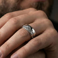 Load image into Gallery viewer, Polished silver mountain silhouette band ring on finger, crisp peak engraving and smooth comfort fit, refined everyday wear close-up.
