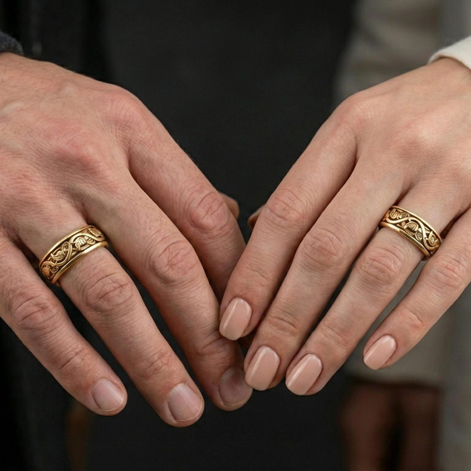 Gold plated dove pattern band worn on finger, detailed repeating bird motif and ornamental scrollwork, premium lifestyle jewelry photo.
