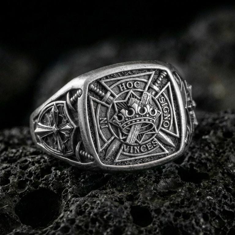 Sterling silver Templar shield ring with an oxidized finish, engraved crusader cross, crown and sword emblem with Latin inscription, macro on black volcanic rock