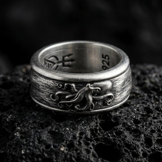 Oxidized sterling silver octopus spinner band ring on dark volcanic rock, raised octopus relief on rotating center with ocean texture, premium macro product shot.