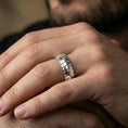 Load image into Gallery viewer, Polished silver gothic dragon scale band ring on finger, crisp layered ridges and sculpted texture, refined everyday wear close-up.
