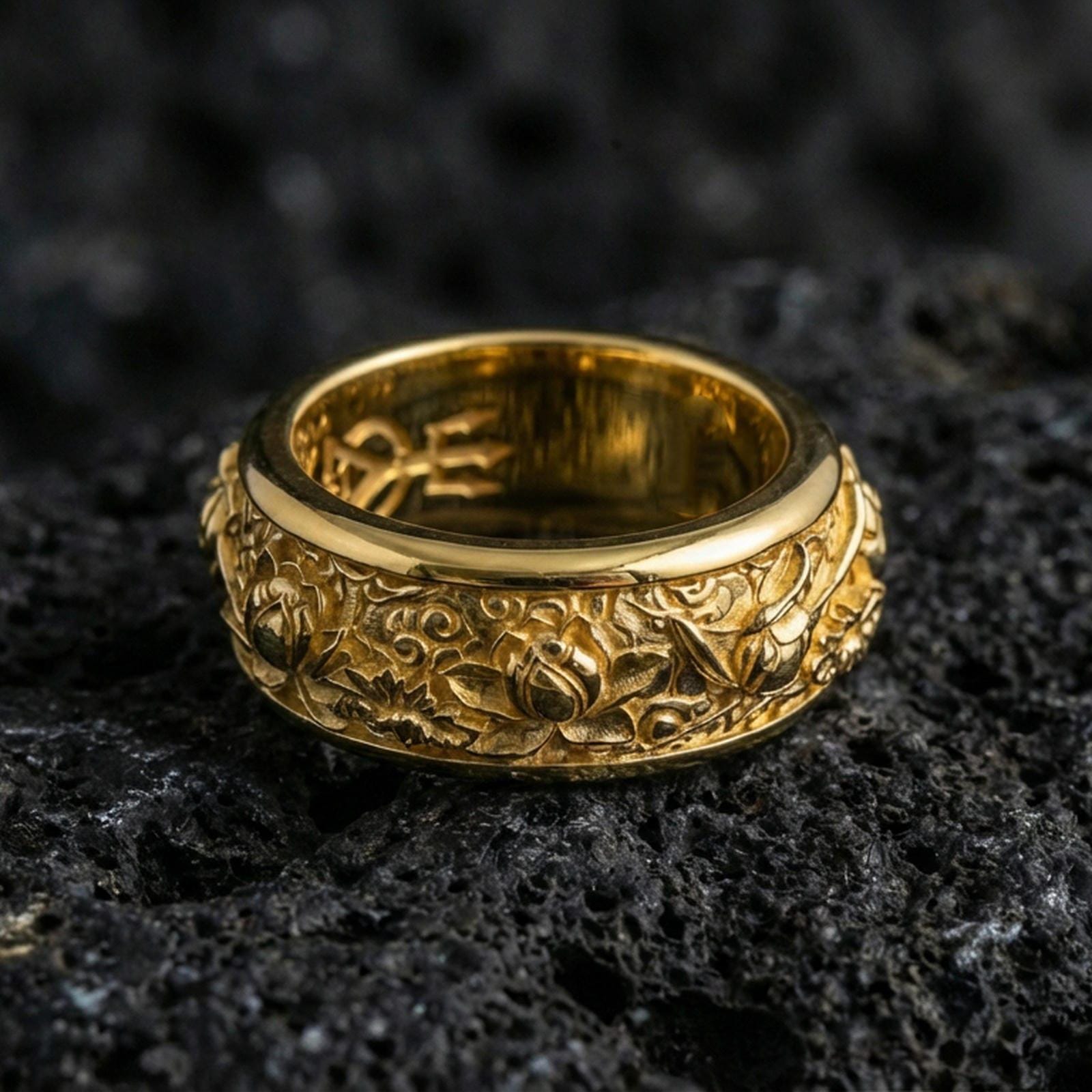 Gold plated lotus spinner band ring on volcanic rock, detailed lotus flower relief on rotating band with ornamental scroll accents, luxury jewelry product photography.