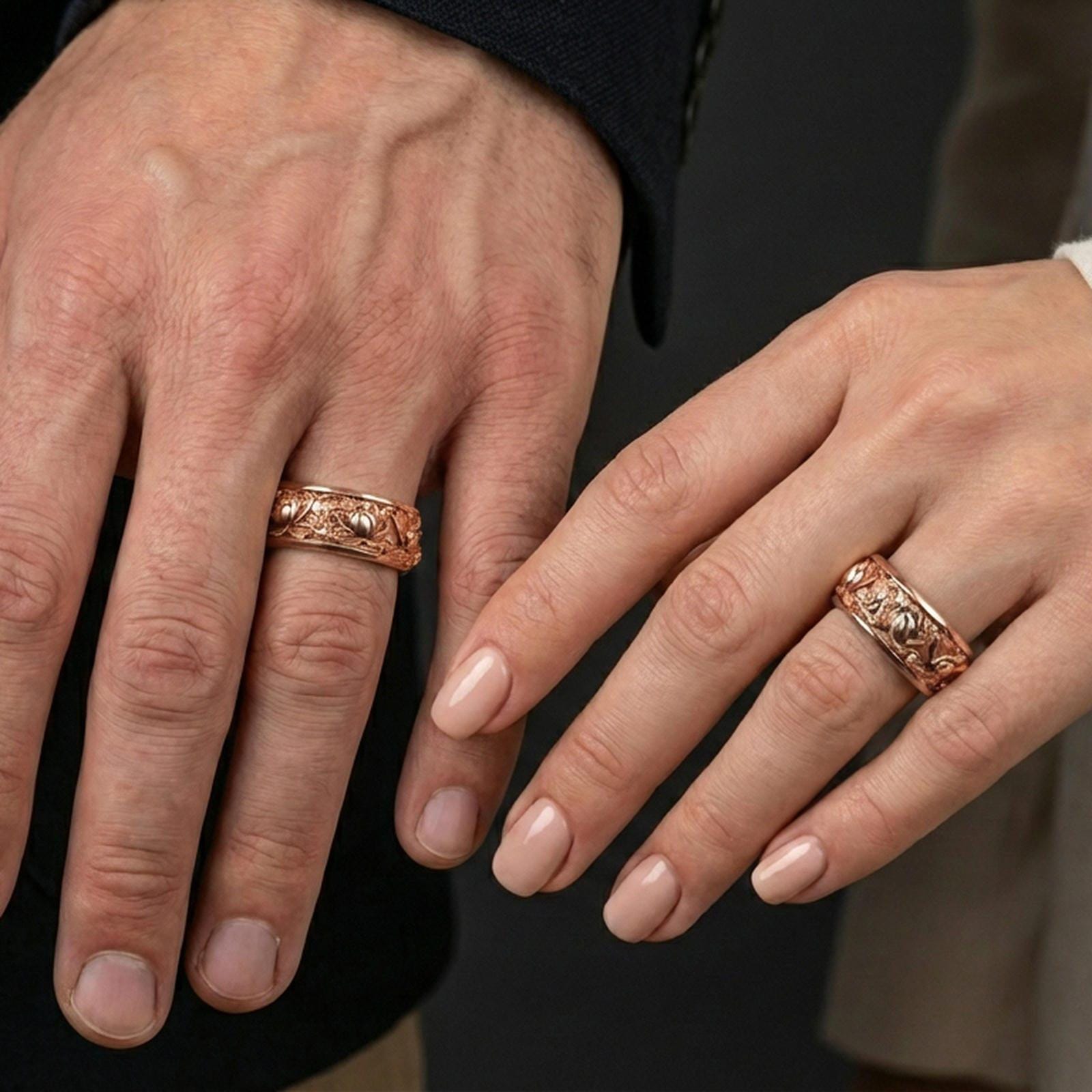 Rose gold plated lotus spinner ring worn on finger, sculpted lotus blossom relief detail, elegant lifestyle wear shot.