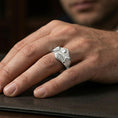 Load image into Gallery viewer, Polished silver Saint Jude religious signet ring on finger, crisp icon relief with engraved text panels, refined everyday wear close-up.
