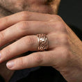Load image into Gallery viewer, Rose gold plated flame swirl band ring worn on finger, sculpted fire relief detail, elegant lifestyle wear shot.
