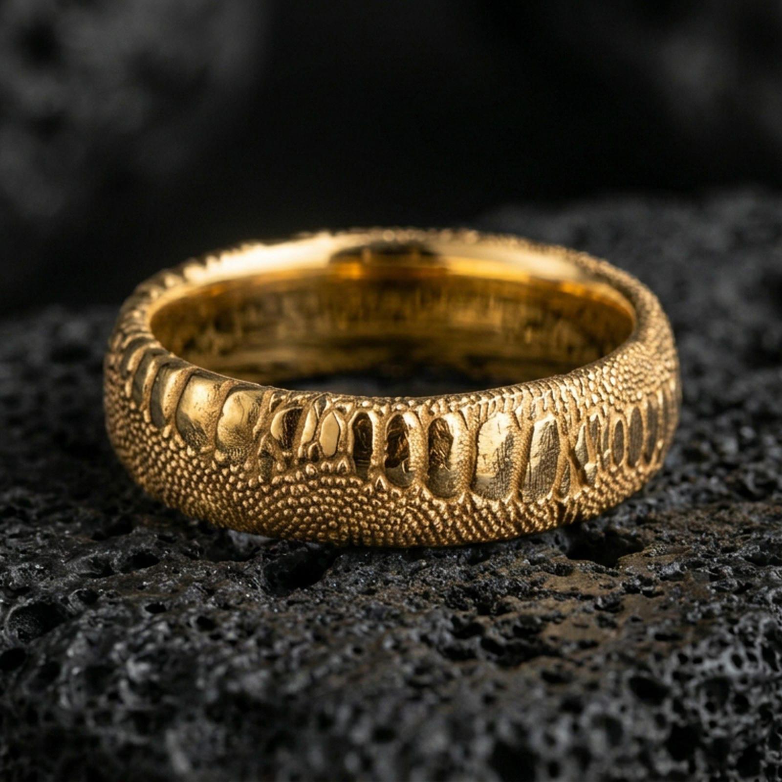 Gold plated serpent skin ring on black volcanic stone, warm reflective finish emphasizing the raised scale texture and carved depth.